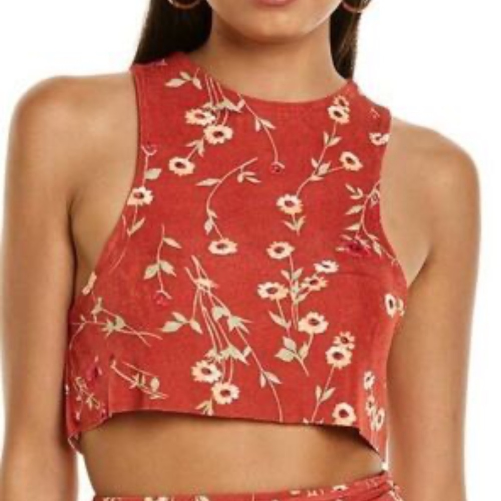Danielle Bernstein Cropped Red Floral Tank Top Roses and Daisies Size Large